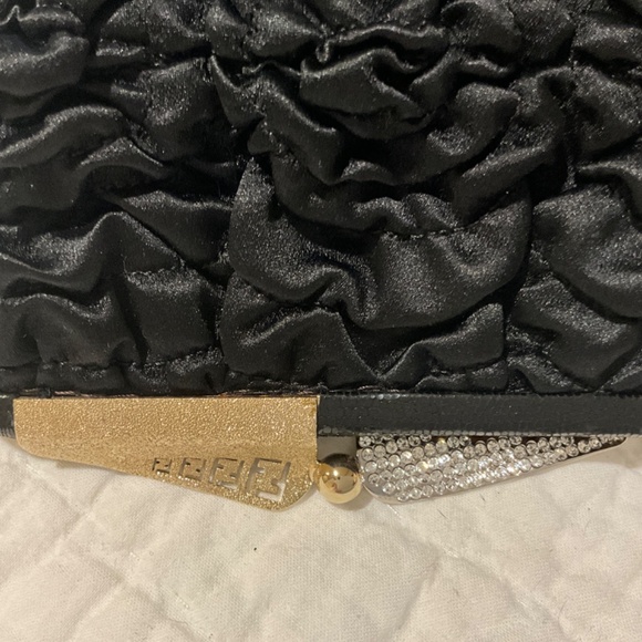 FENDI Borderline Clutch in Black Pleated Satin with Gold and Silver Kiss Lock - Picture 11 of 14